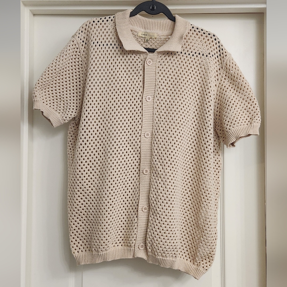 Sandstone Knitted Button Cardigan Polo Shirt Short Sleeves Men's Size L Beige